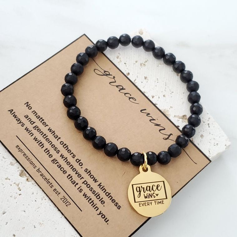 Grace Wins Religious Mantra Black Beaded Bracelet
