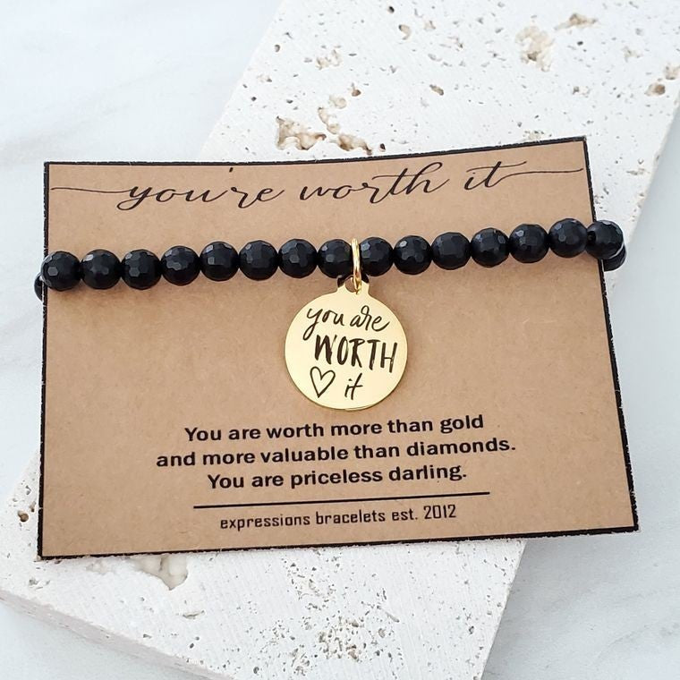 You're Worth It Inspirational Black Beaded Bracelet
