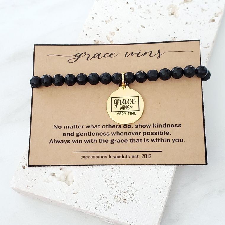 Grace Wins Religious Mantra Black Beaded Bracelet